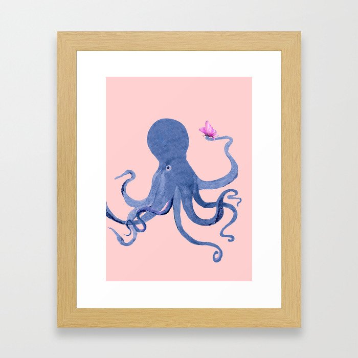 Blue Octopus and Butterfly Framed Art Print