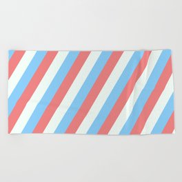 [ Thumbnail: Light Sky Blue, Light Coral, and Mint Cream Colored Lined Pattern Beach Towel ]
