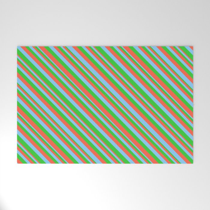 Lime Green, Red, and Light Sky Blue Colored Striped Pattern Welcome Mat