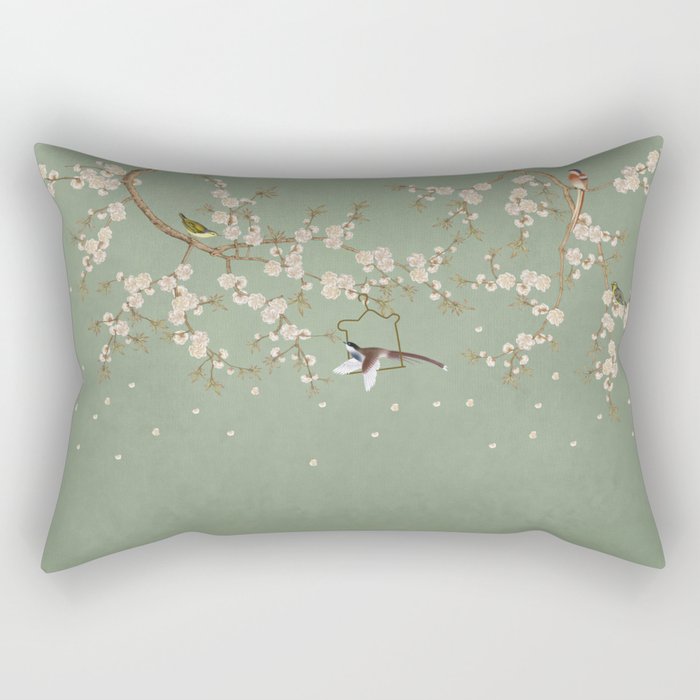 Chinoiserie Sage Green Cherry Blossom Bird Garden Rectangular Pillow