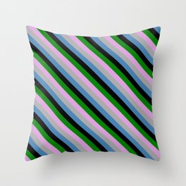 [ Thumbnail: Vibrant Plum, Dark Grey, Blue, Black & Green Colored Stripes Pattern Throw Pillow ]