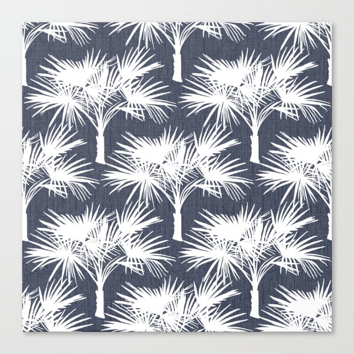 70’s Tropical Palm Trees White on Navy Canvas Print