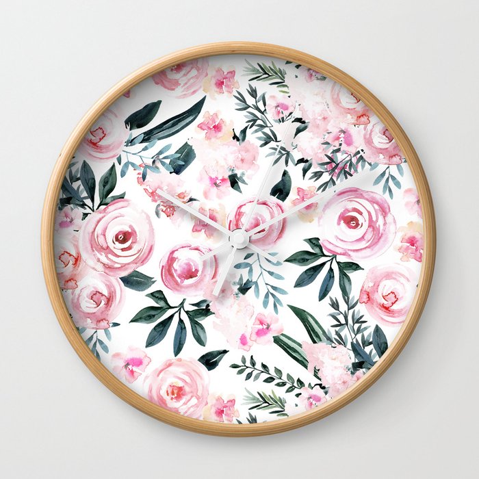 Floral Rose Watercolor Flower Pattern Wall Clock