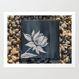 Black and White Lotus Painting on Rocks Art Print