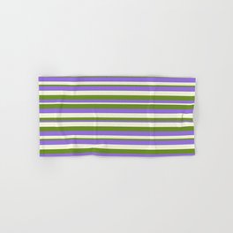 [ Thumbnail: Green, Purple, and Beige Colored Lines Pattern Hand & Bath Towel ]