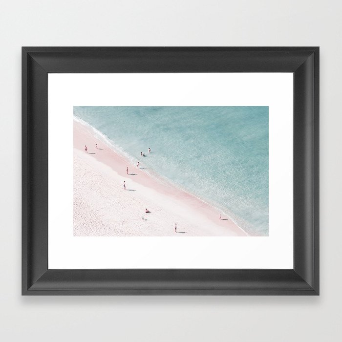 Aerial Beach Love Print - Pastel Pink Beach - Sea Ocean Travel photography by Ingrid Beddoes Framed Art Print