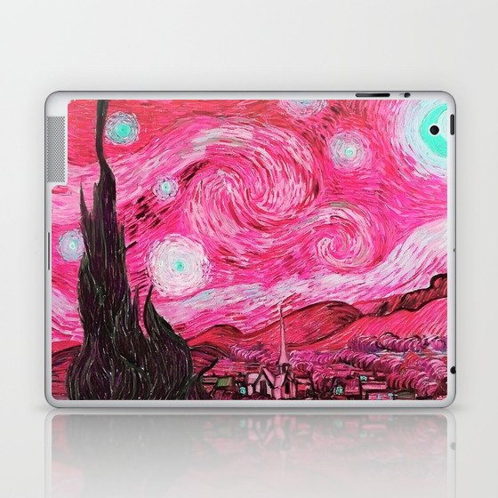 The Starry Night - La Nuit étoilée oil-on-canvas post-impressionist landscape masterpiece painting in alternate fuchsia pink and baby blue by Vincent van Gogh Laptop & iPad Skin