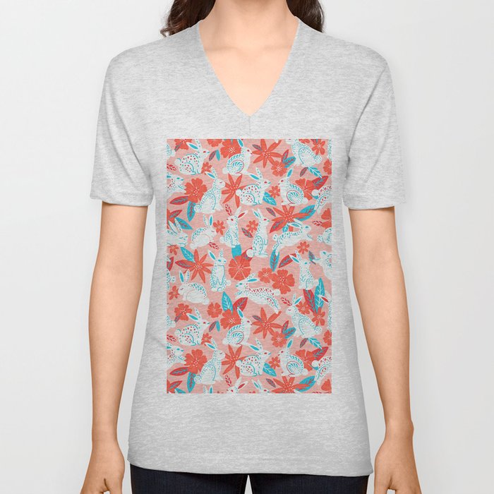 Bunnies & Blooms – Magenta & Cyan V Neck T Shirt