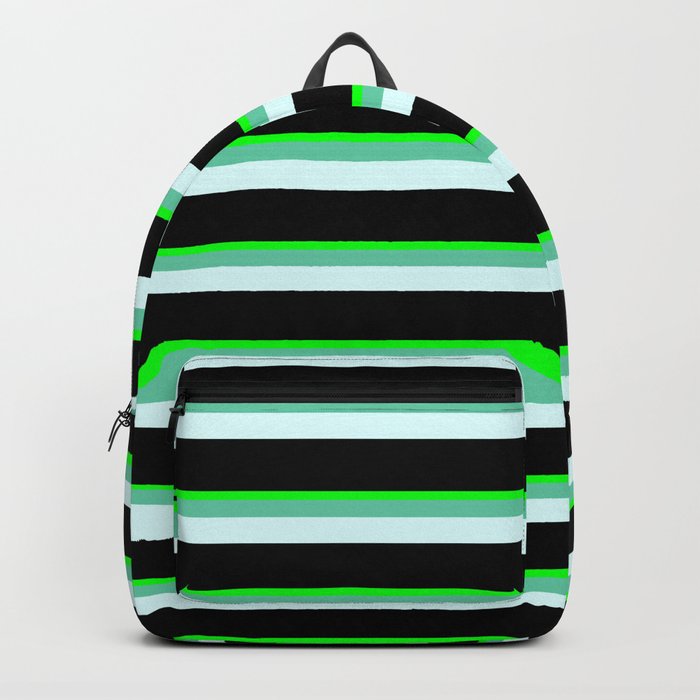 Lime, Aquamarine, Light Cyan, and Black Colored Striped Pattern Backpack
