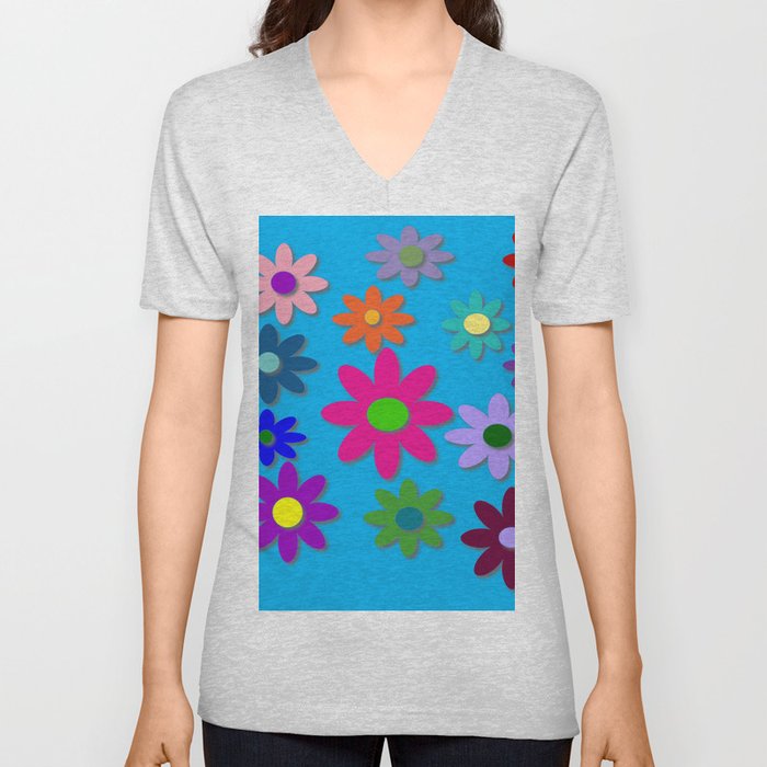 Flower Power - Blue Background - Fun Flowers - 60's Hippie Style V Neck T Shirt