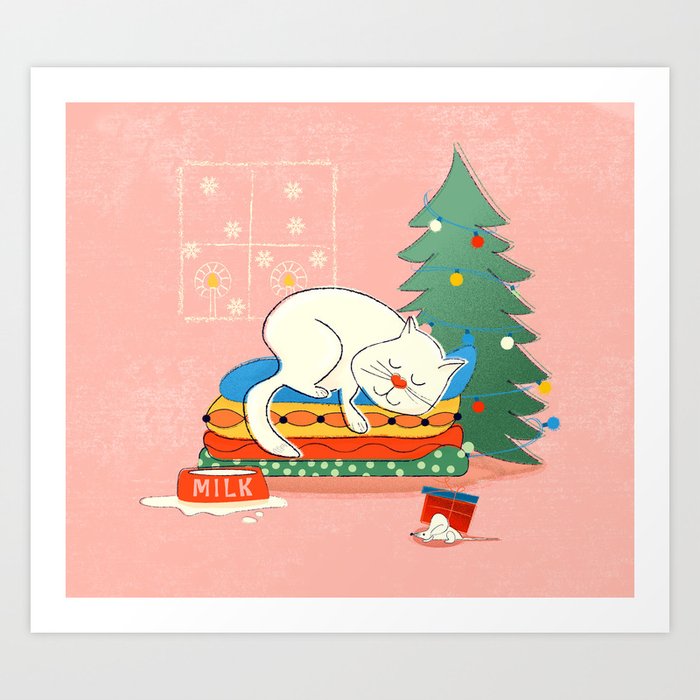 Sleeping White Christmas Cat Art Print