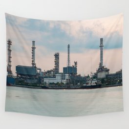 Oil refinery riverfront, vintage tone during sunrise Wall Tapestry