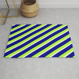 [ Thumbnail: Dark Blue, Light Green, and Beige Colored Striped Pattern Rug ]