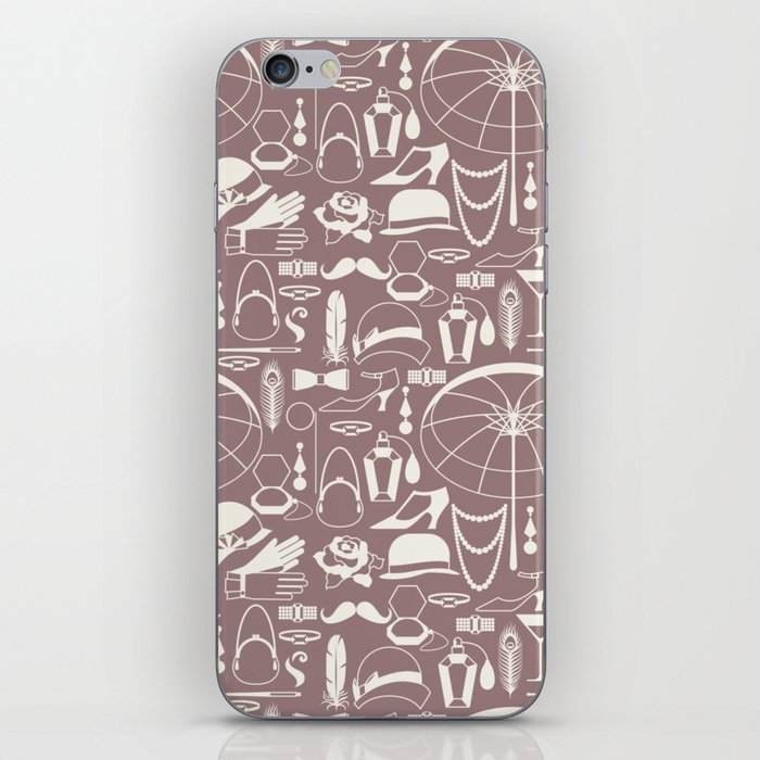 White Old-Fashioned 1920s Vintage Pattern on Rosy Brown iPhone Skin