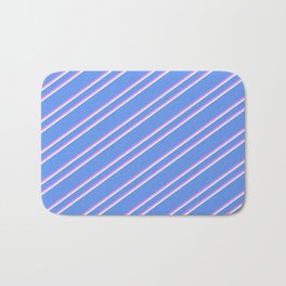 [ Thumbnail: Cornflower Blue, Violet, and Light Cyan Colored Lined Pattern Bath Mat ]
