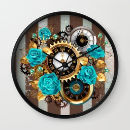 Steampunk Striped Background with Clock and Turquoise Roses Wall Clock