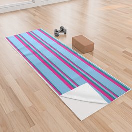 [ Thumbnail: Dark Cyan, Deep Pink, and Light Sky Blue Colored Lined Pattern Yoga Towel ]