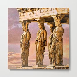 Porch of the Caryatids, Temple of Athena, Acropolis, Greece Portrait Painting Metal Print | Porch, Athena, Ancient, Greece, Gomanesque, Architecture, Sunset, Statues, Gods, Temple 