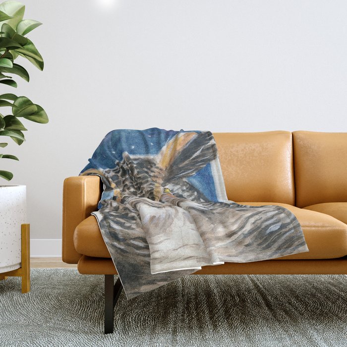 Great Horned Owl Watercolor Human made  Art Painting Throw Blanket