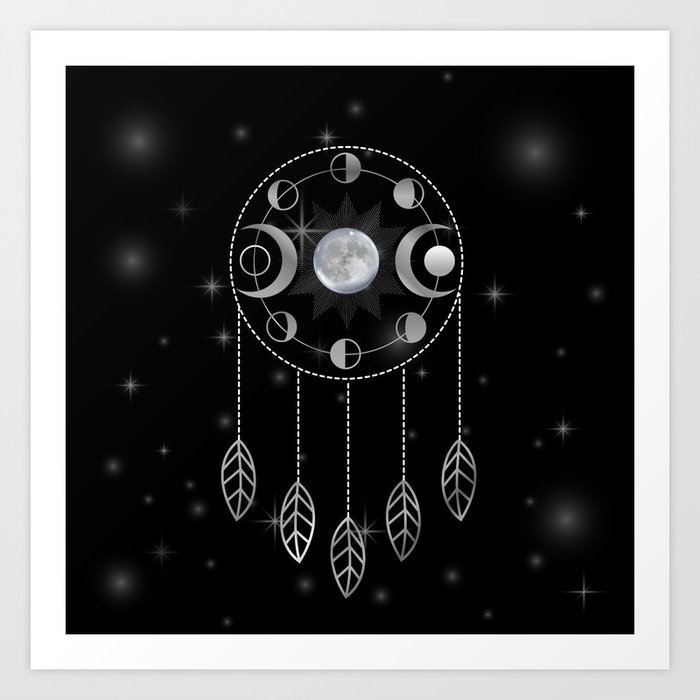Silver Triple Goddess dreamcatcher with moon phases Art Print