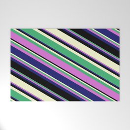 [ Thumbnail: Sea Green, Orchid, Midnight Blue, Black, and Light Yellow Colored Lines/Stripes Pattern Welcome Mat ]