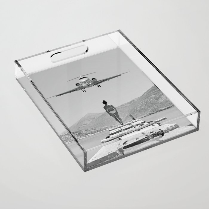 Steady As She Goes; aircraft coming in for an island landing black and white photography- photographs Acrylic Tray