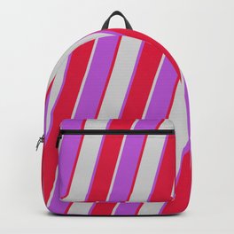 [ Thumbnail: Orchid, Crimson, and Light Grey Colored Stripes/Lines Pattern Backpack ]