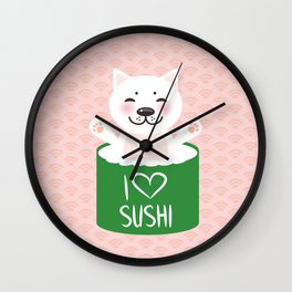 I love sushi. Kawaii funny sushi roll and white cute cat with pink cheeks, emoji. Pink background Wall Clock | Kawai, Character, Emoji, Kawaii, Manga, Drawing, Cat, Japanese, Cats, Anime 