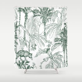 Seamless Pattern Vintage Lithograph Sketch Drawing Wildlife Leopard Animal, Hoopoe, Cockatoo Parrots and Crane Birds in Banana Palm Trees Jungle Rainforest Etching Hand Drawn Textile Design Shower Curtain