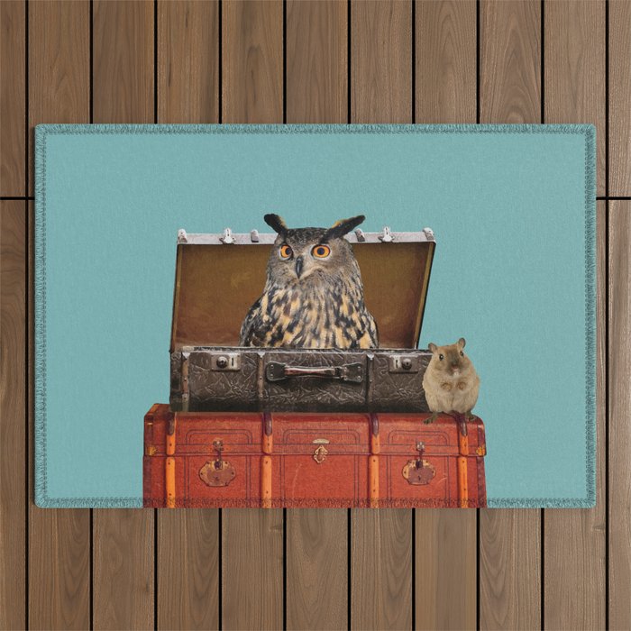 Owl and mouse in old suitcases Outdoor Rug