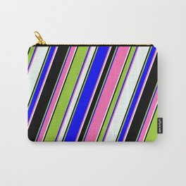 [ Thumbnail: Eye-catching Green, Blue, Hot Pink, Mint Cream & Black Colored Pattern of Stripes Carry-All Pouch ]