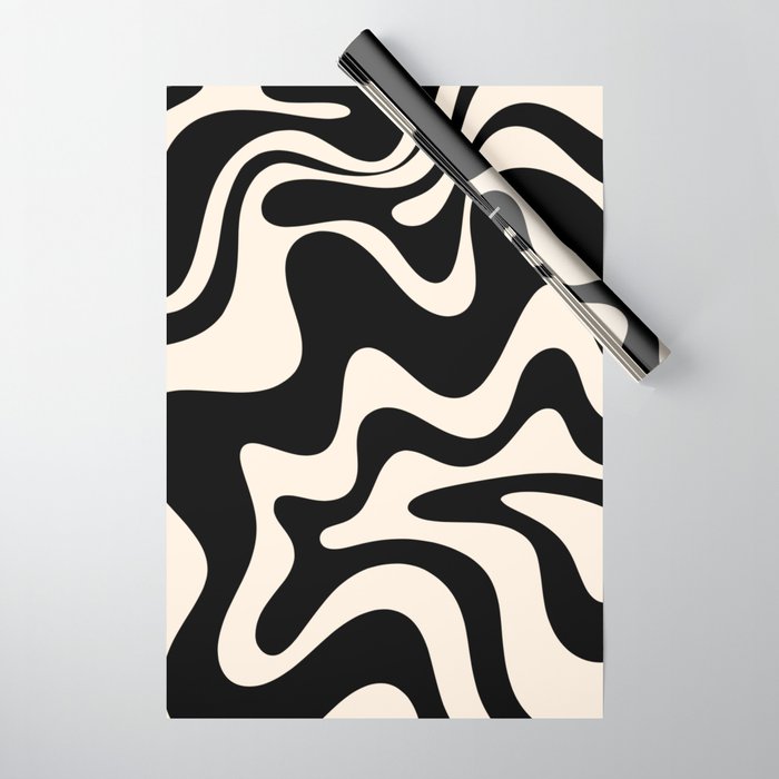 Retro Liquid Swirl Abstract in Black and Almond Cream 2 Wrapping Paper
