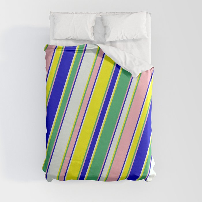 Eyecatching Mint Cream, Yellow, Sea Green, Light Pink & Blue Colored Lines/Stripes Pattern Duvet Cover