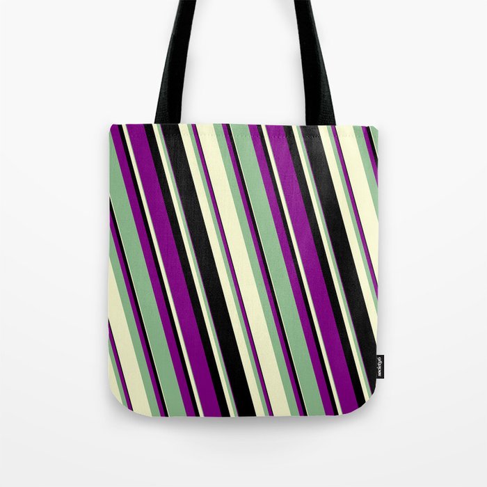Purple, Dark Sea Green, Light Yellow & Black Colored Lines/Stripes Pattern Tote Bag