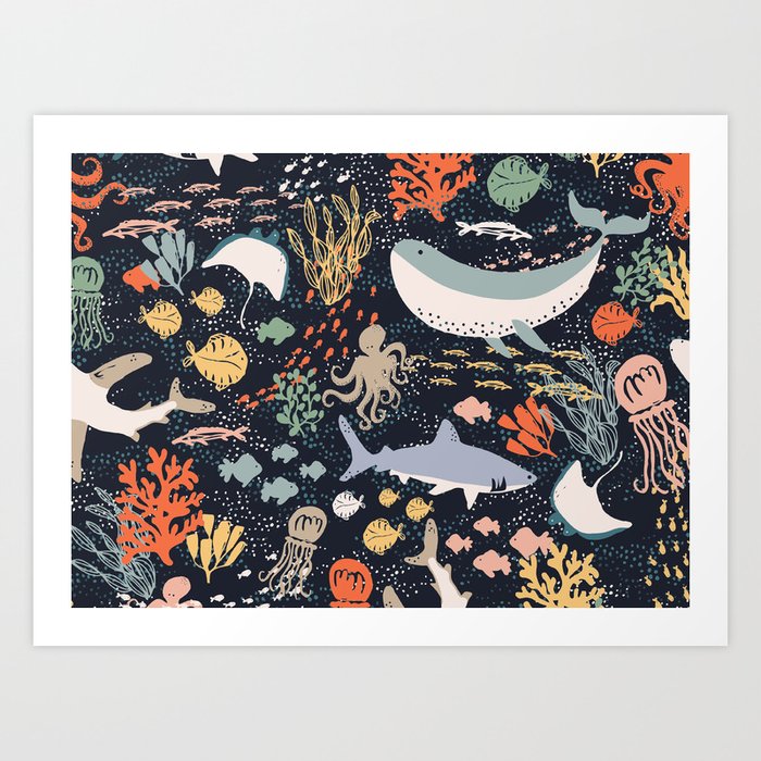 Sea Ocean World Fish Whale Octopus Shark Jellyfish Star Illustration Art Print By Davidverdzadze