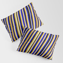[ Thumbnail: Goldenrod, Pale Goldenrod, Blue & Black Colored Striped Pattern Pillow Sham ]