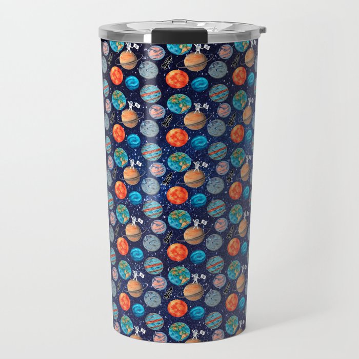 Ditsy Style Planets Astronauts and Rocket Ships on a Starry Sky Travel Mug