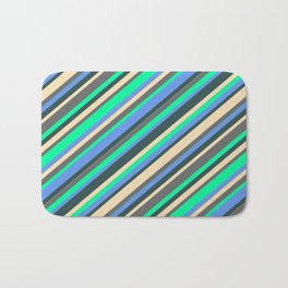 [ Thumbnail: Vibrant Tan, Dim Gray, Green, Cornflower Blue, and Dark Slate Gray Colored Lines/Stripes Pattern Bath Mat ]