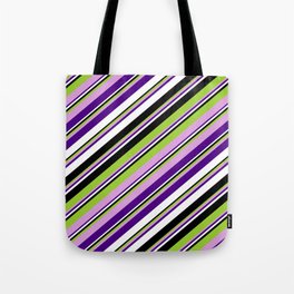 [ Thumbnail: Green, Plum, Indigo, White & Black Colored Lines/Stripes Pattern Tote Bag ]