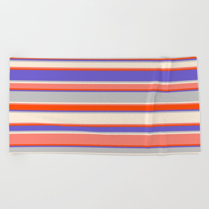 Eye-catching Slate Blue, Grey, Beige, Salmon, and Red Colored Striped Pattern Beach Towel