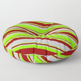 [ Thumbnail: Dark Red, Grey & Chartreuse Colored Lined/Striped Pattern Floor Pillow ]