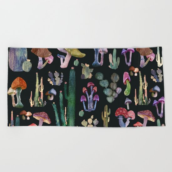 cactus and mushrooms Beach Towel