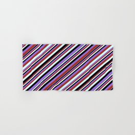 [ Thumbnail: Black, Purple, Brown, and Light Cyan Colored Stripes/Lines Pattern Hand & Bath Towel ]