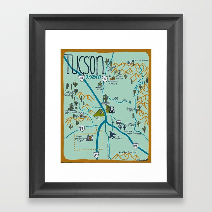 Tucson Arizona Illustrated Map- Turquoise Framed Art Print