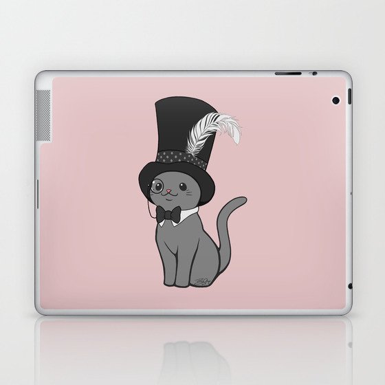 Grey Cat Wears Plumed Top Hat Laptop & iPad Skin