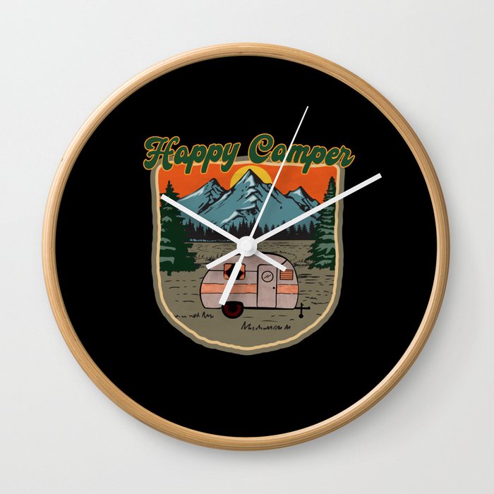Happy Camper Trailer Graphic Design Wall Clock