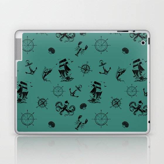 Green Blue And Black Silhouettes Of Vintage Nautical Pattern Laptop & iPad Skin