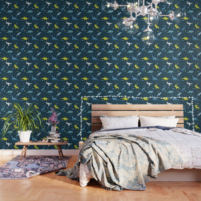 Space Dinosaurs in Bright Green and Blue Wallpaper