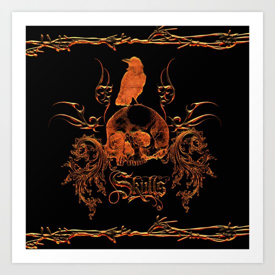 Skull with crow Art Print