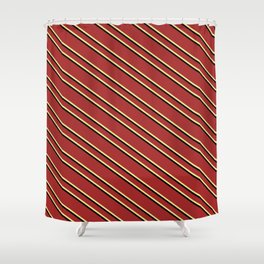 [ Thumbnail: Brown, Tan & Black Colored Lines/Stripes Pattern Shower Curtain ]